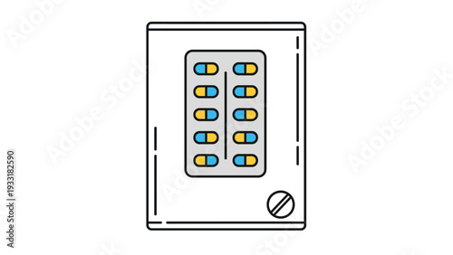 Blister pack containing blue and yellow medical capsules inside a white box or medicine container for health treatment.