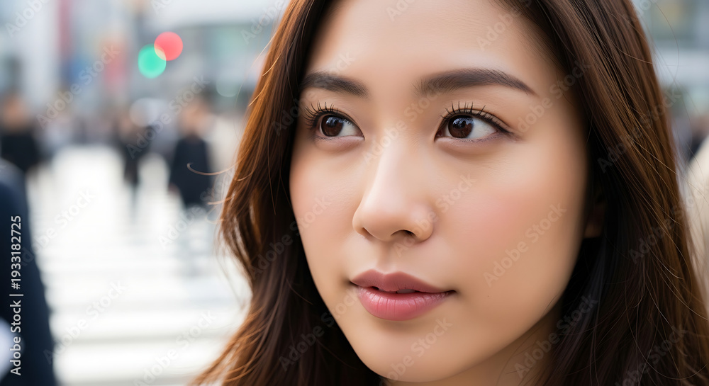 Fototapeta premium Beautiful young female tourist walking and sightseeing on a crowded street in Europe. Photorealistic portrait.