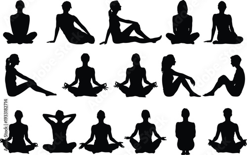 Collection of diverse black silhouettes of people seated and standing, human postures variety, community ergonomics animation design concept illustration artwork, flat vector