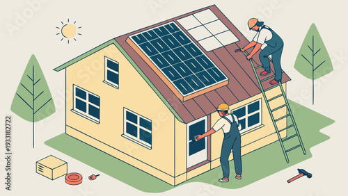 Workers installing solar panels on a house roof for renewable energy panel