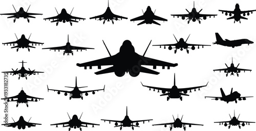 Military fighter jet silhouette collection featuring various combat aircraft and supersonic planes isolated on white background for aviation and defense designs.