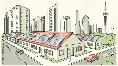 Houses with solar panels in a modern city with skyscrapers renewable energy