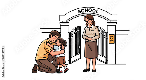 Father hugging daughter goodbye at school gate with teacher welcoming student