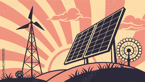 Renewable energy sources solar panel and wind turbine on a sunny landscape