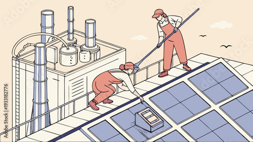 Workers in orange overalls cleaning solar panels on industrial roof with machinery