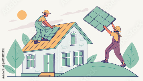 Workers installing solar panels on a house roof outdoors panel installation worker