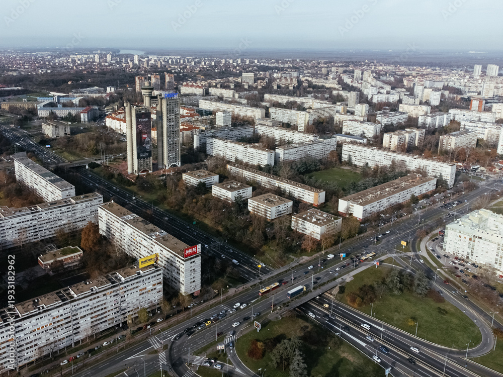 Fototapeta premium Drone view of Belgrade city, New Belgrade district.