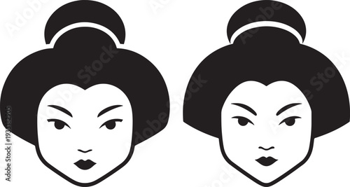 Stylized geisha faces, black and white silhouette icons representing Japanese culture, beauty, and tradition.