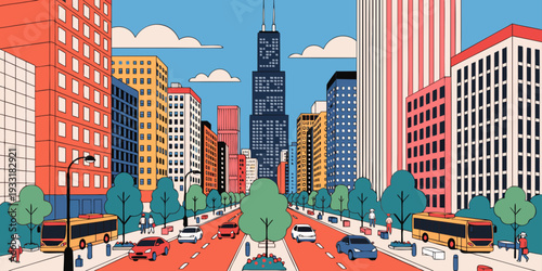 USA, US, U.S, United States - Vibrant City Avenue Illustration – Modern Urban Street Scene with Skyscrapers, Traffic, Pedestrians, and Bold Geometric Design
