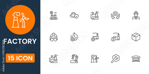 Professional industrial factory icon pack featuring manufacturing plant, machinery and production line symbols vector illustration