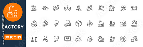 Modern factory icon set vector collection with industrial plant, manufacturing process and production symbols flat design