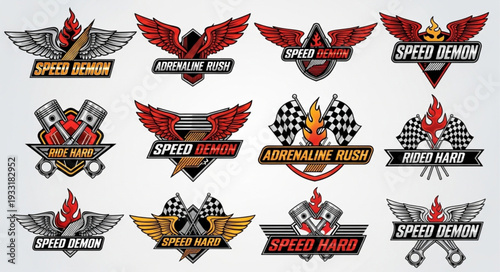 Collection of dynamic racing emblems with wings and flames, perfect for speed enthusiasts.