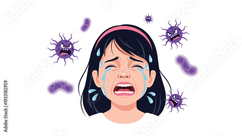 Upset girl crying and sweating while surrounded by menacing purple germ and virus icons representing illness or infection fears.