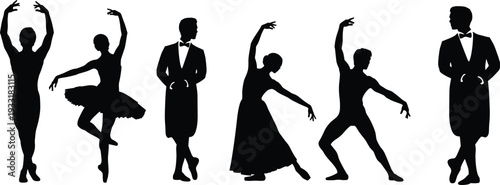 Ballet dancers silhouette set, graceful ballerina and male dancer poses black vector illustration isolated collection
