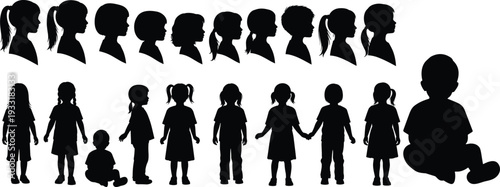 Children silhouette collection, kids profiles and full body poses set, boys girls black vector illustration isolated