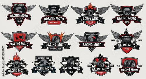 Motorcycle racing emblems collection with wings and checkered flags design elements.