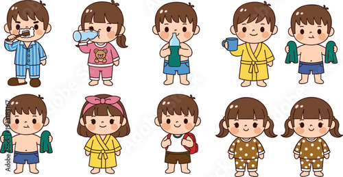 Cute kids daily routine cartoon set, children morning activities, hygiene dressing drinking eating flat vector illustration isolated