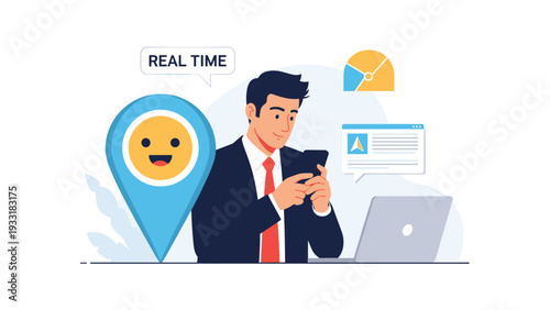 Professional businessman using a smartphone for real-time location tracking and data analysis with digital map and chart icons.