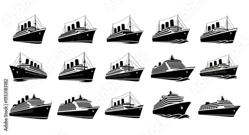 Collection of various cruise ships and ocean liners in black and white style.