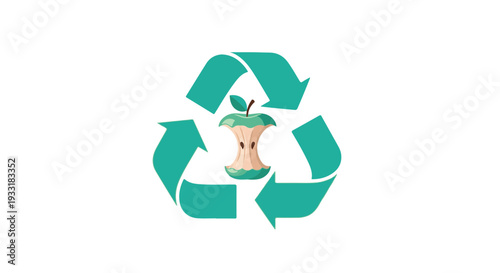 Recycling symbol with apple core, organic waste, and composting concept