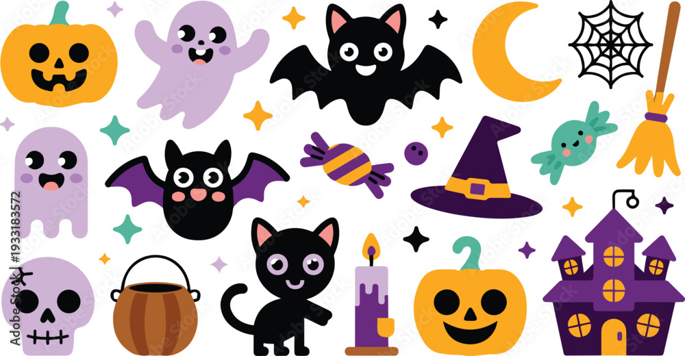 Fototapeta premium Collection of colorful Halloween icons and characters