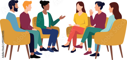 Colorful people sitting in circle armchairs, diverse group discussion teamwork collaboration communication concept illustration design therapy meeting artwork, flat vector