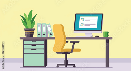 Minimalist home office desk with computer, plant, and task management display