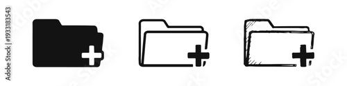 Set of add folder icons with a plus sign on the right, in solid, outline, and hand-drawn styles.