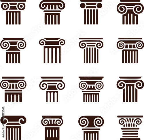 A symmetrical grid showcases sixteen brown decorative column capitals in various classical architectural styles