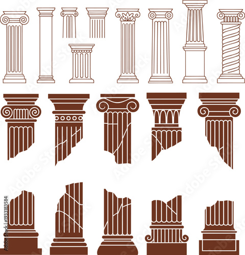 A varied collection of classical columns shows both intact structures and distressed broken ruins