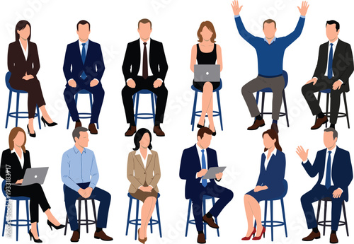 Diverse group of business professionals sitting on stools, using laptops, collaborating in workplace meeting seminar teamwork concept illustration, flat vector