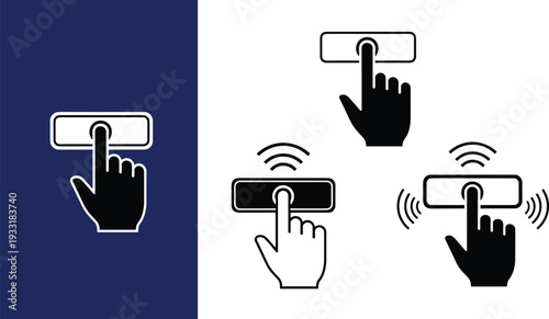 Touch screen button icon set, hand pressing digital interface symbols, wireless tap gesture flat vector illustration isolated minimal design concept