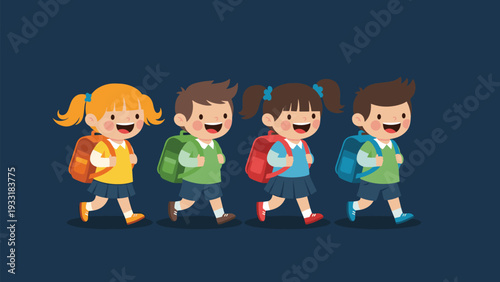 Group of four happy children with colorful backpacks walking together in a row against a dark blue background for school themes.