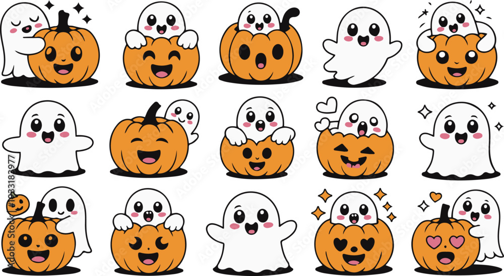 Obraz premium Cute Halloween Ghosts And Pumpkins Collection spooky