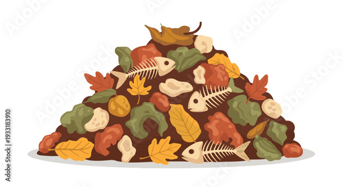 Pile of organic waste, food scraps, and leaves for composting