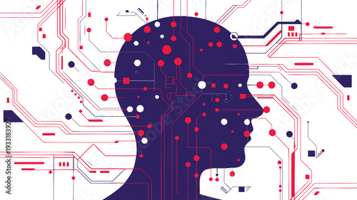 A human head silhouette integrated with a complex circuit board pattern symbolizing digital intelligence and technology