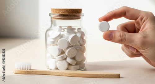 Toothpaste Tablets, A small, apothecary-style glass jar filled with chalky white toothpaste tablets, plastic-free travel.
