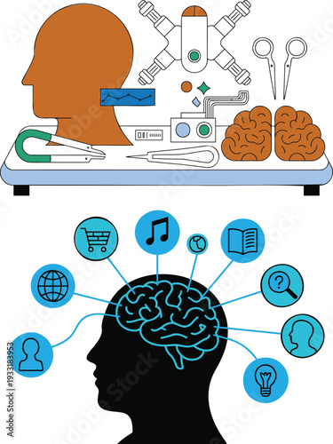 Two distinct illustrations depicting advanced medical and technological concepts related to the human brain and mind