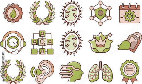 Collection of medical and health icons illustrating concepts like growth prevention and research