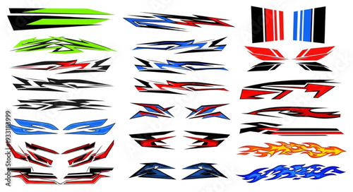 Collection of various vehicle decals and racing stripe designs for customization.