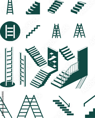 A variety of green silhouette icons depicting different styles of ladders and staircases