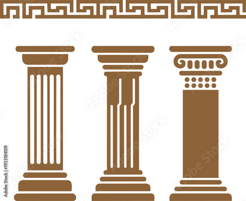 Three detailed ancient Greek columns and a decorative geometric meander border in brown tones