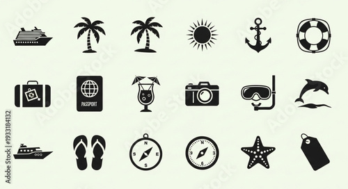 Collection of travel and vacation themed icons in black and white style for design.