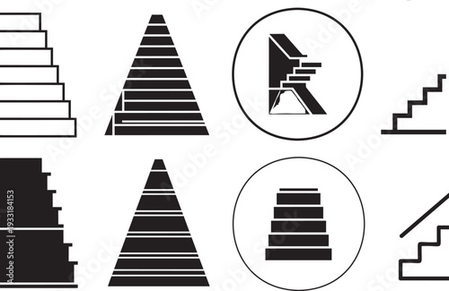 Eight minimalist black and white staircase icons including steps, pyramids, and circular frames