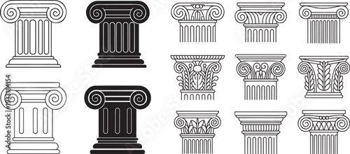 Diverse collection of classical column capitals in outline and solid black styles on a white background
