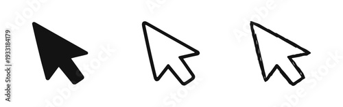 Mouse cursor pointer icons in solid, outline, and hand-drawn doodle styles.