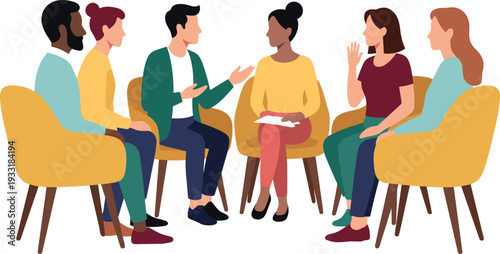 Diverse people silhouettes seated and standing in circle chairs, group discussion teamwork collaboration communication concept illustration design artwork, flat vector