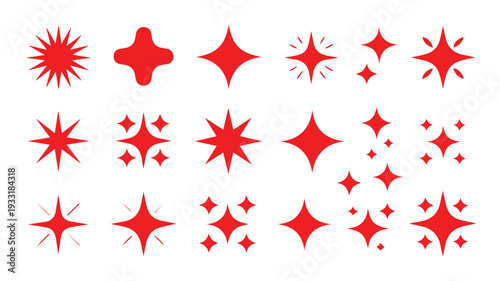 Diverse vector set of bright red sparkle and star shapes, perfect for adding luminous effects, festive embellishments, and decorative highlights to any graphic design project