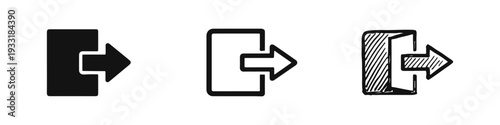 Exit sign icon set. Logout, sign out, or door symbol with right-pointing arrow in different styles.