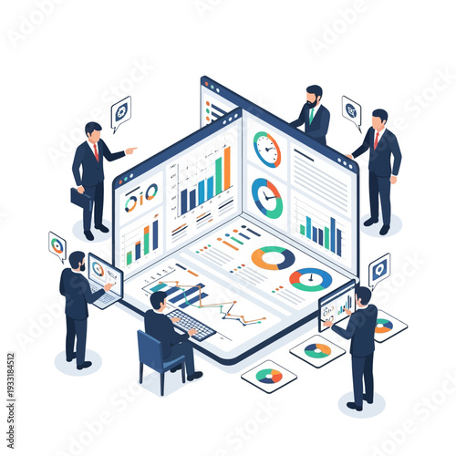 Business analytics team analyzing financial data on interactive dashboards